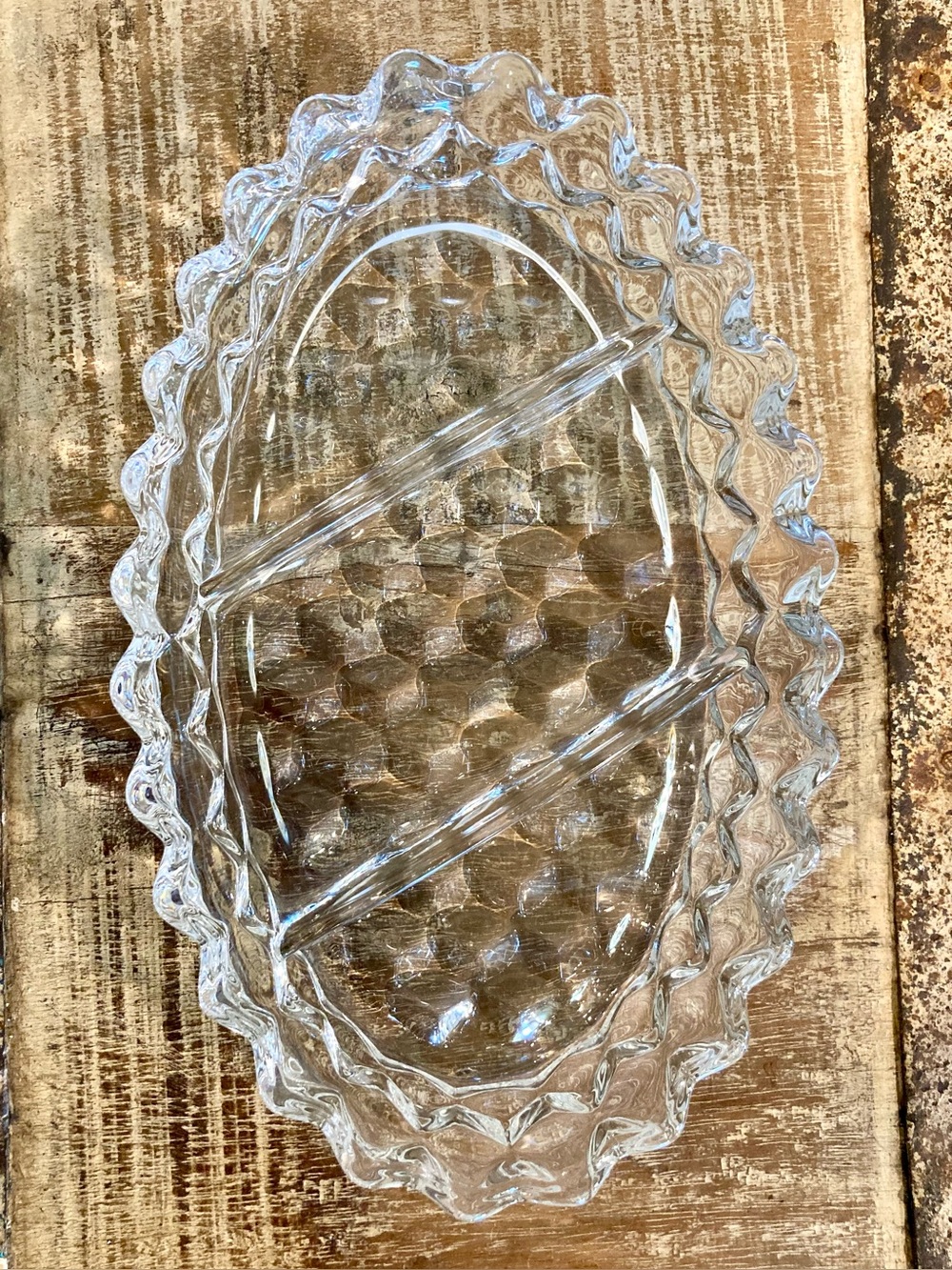 Fostoria American Glass 3 Part Relish Dish Scalloped Edges - Picture 2 of 11